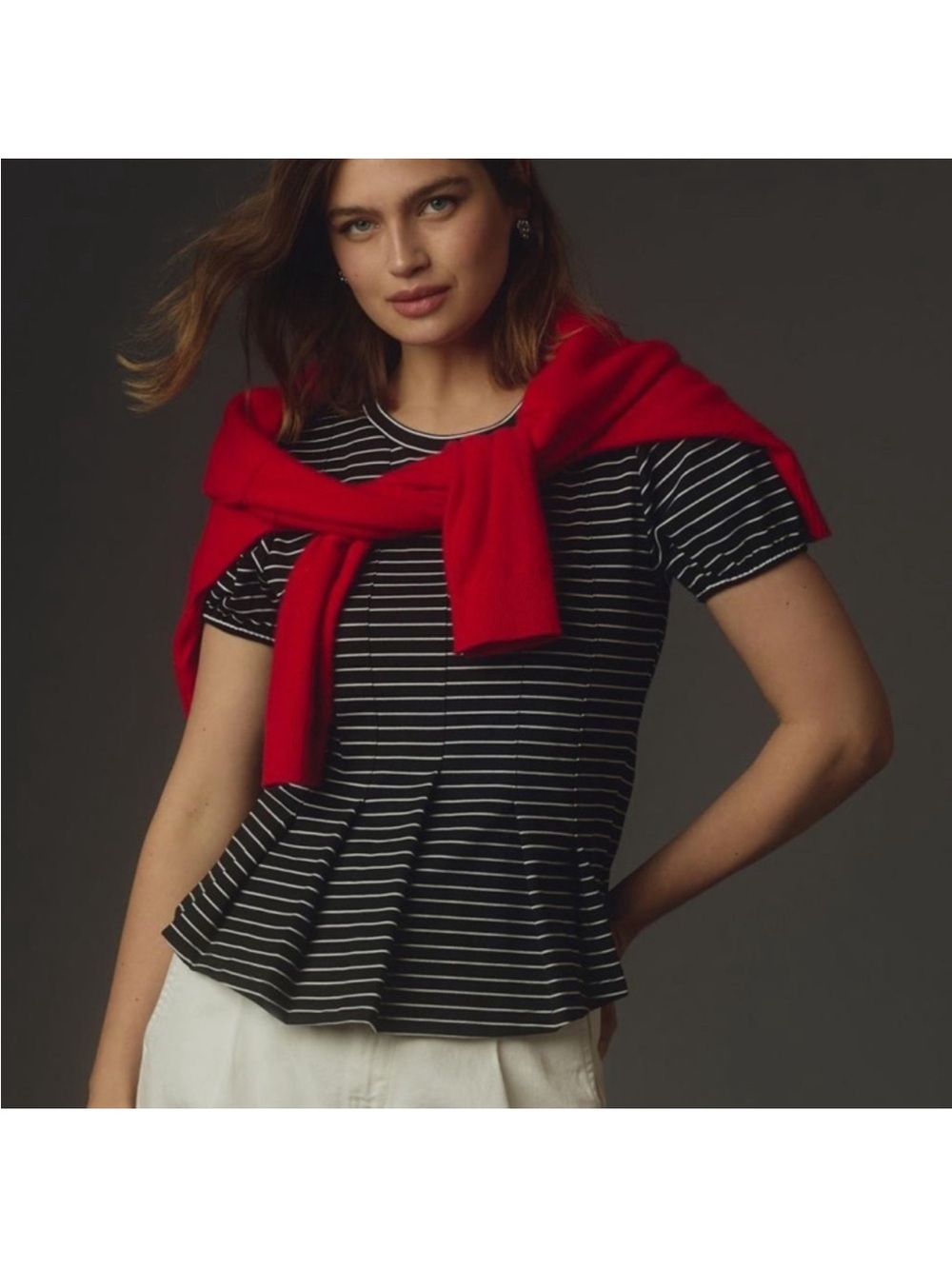 Maeve by Anthropologie Corset Peplum Black White Stripe Contemporary Top